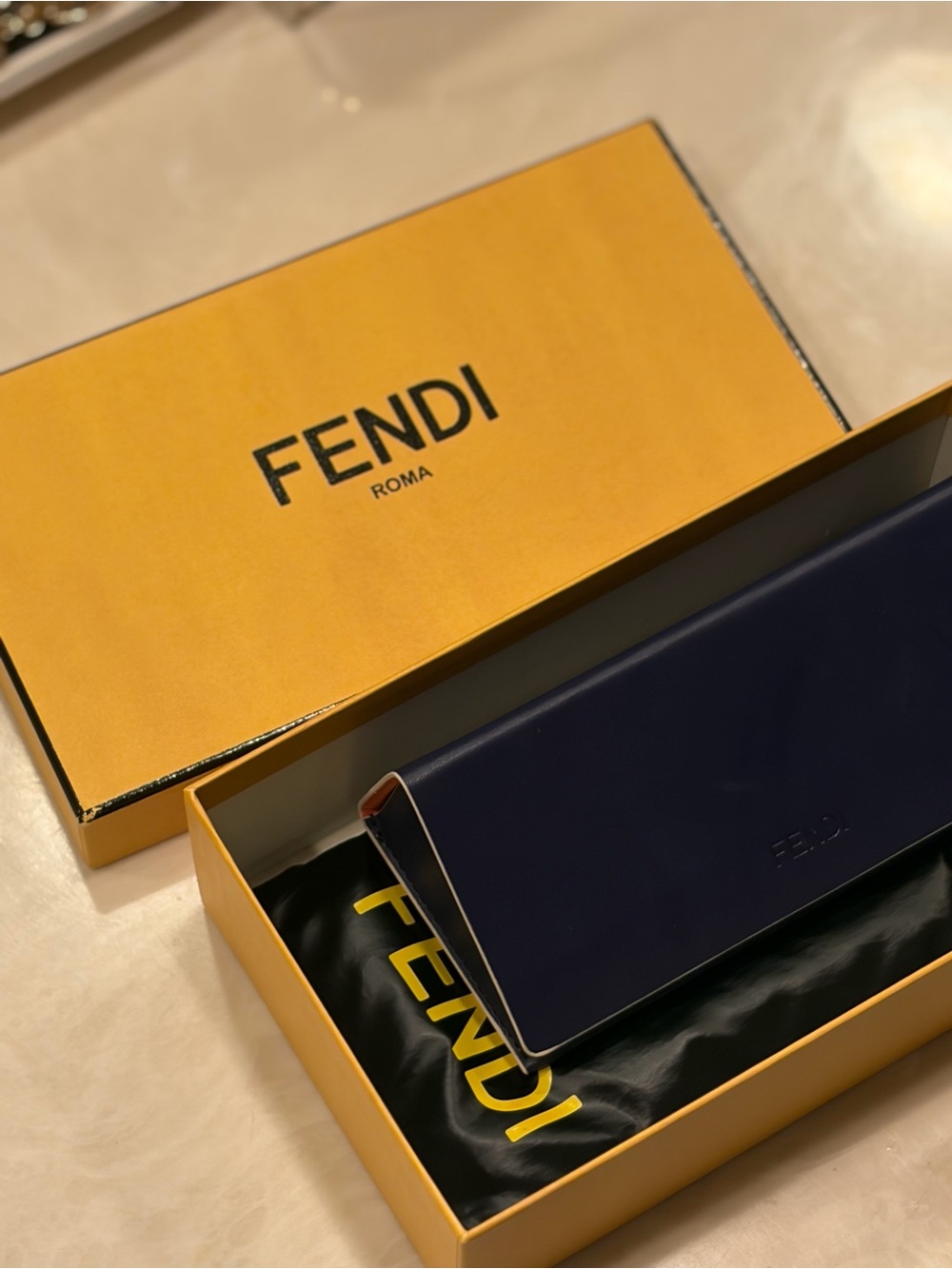 Fendi Navy Leather Sunglasses Case with Yellow Box and Black Pouch